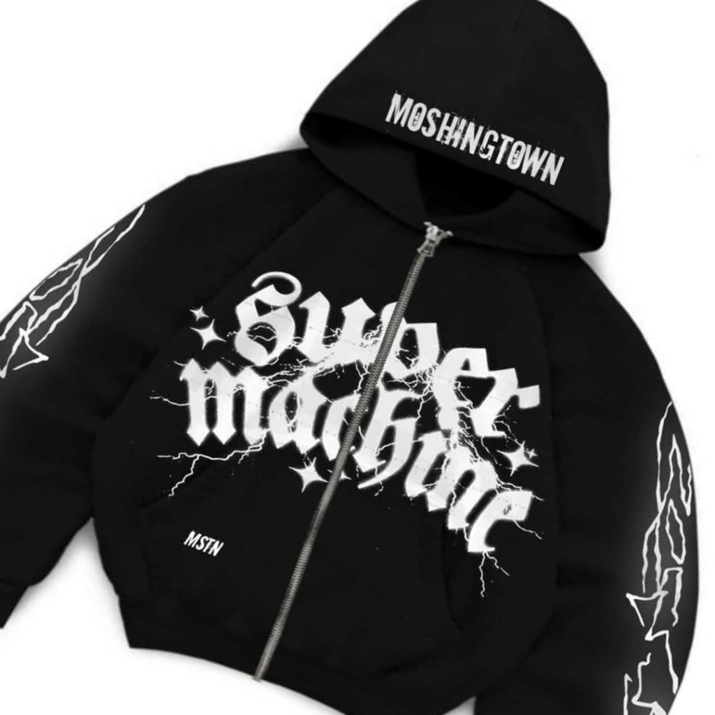 MSTN - HOODIE ZIPPER BOXY OVERSIZED SUPER MACHINE BLACK MENYALA FLASH LIGHT