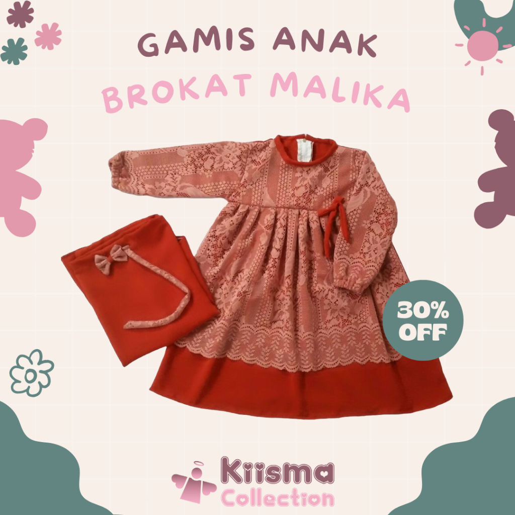 Baju Anak Perempuan Setelan Gamis Motif Brokat Malika Warna Merah Bata Kiisma Collection