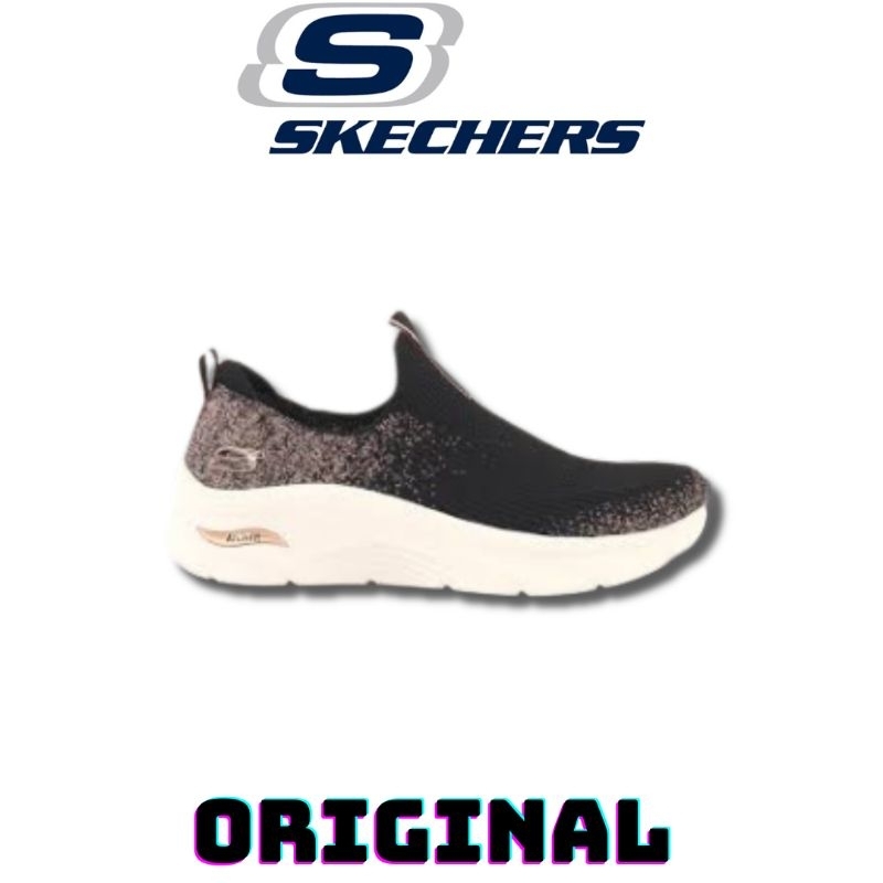 Sepatu Skechers Slip On Arch Fit D'lux Black Rose Gold Women's ( 149689/BKRG ) Original