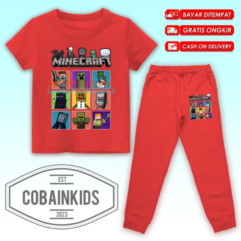 (BISA COD) Setelan Fashion Kaos Anak Unisex Minecraft Pocket Edition Set Baju dan Celana Jogger ANAK