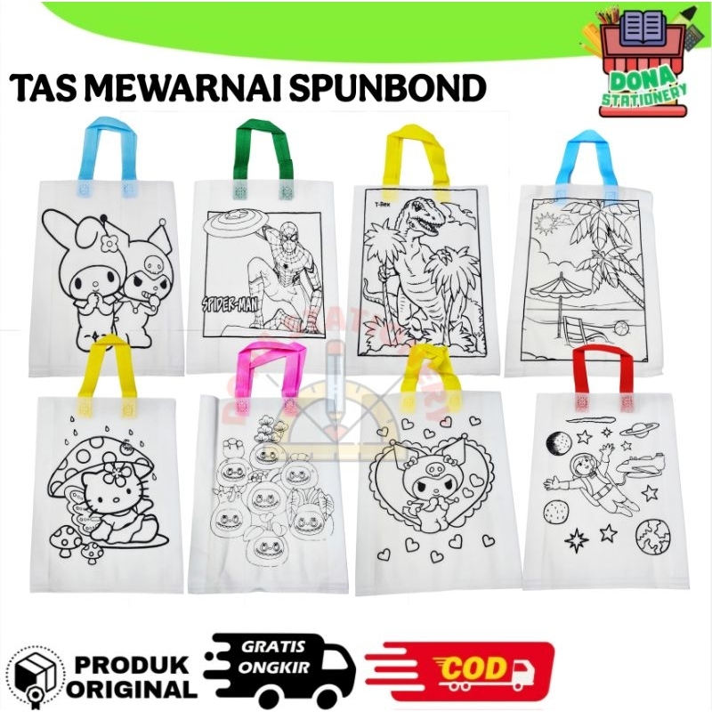 

TAS SPUNBOND MEWARNAI uk 30×40×8 | TAS PUTIH TALI WARNA | GOODIE BAG | TAS LUKIS ANAK