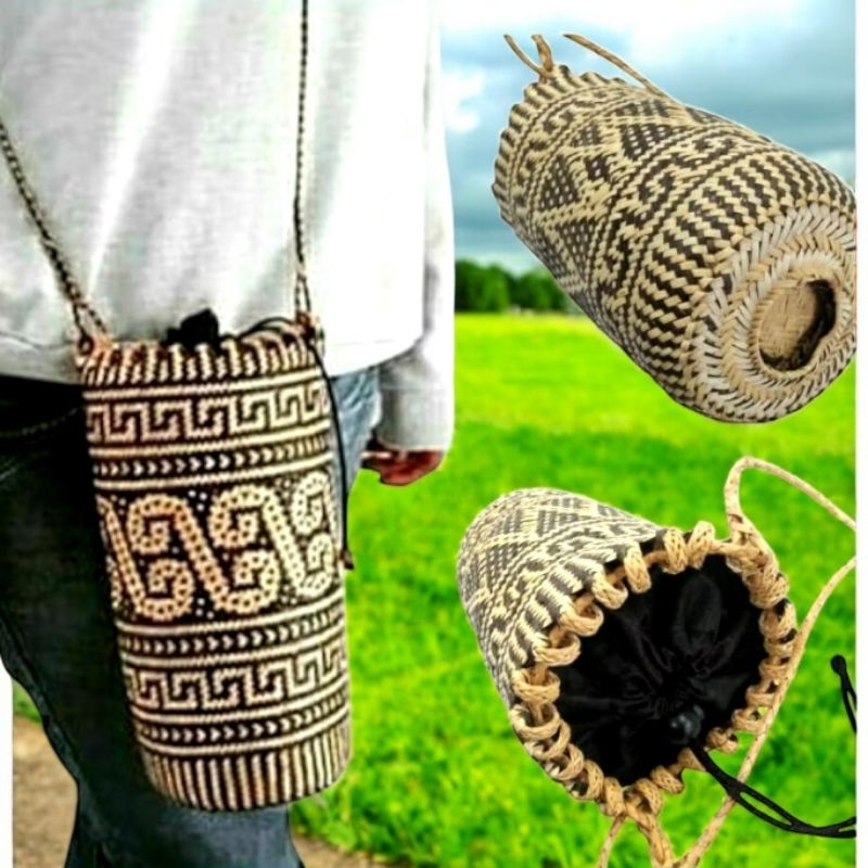 Tas Anjat Rotan Slempang Wanita Tas Selempang Etnik Dayak Handmade Tutup Kain Furing