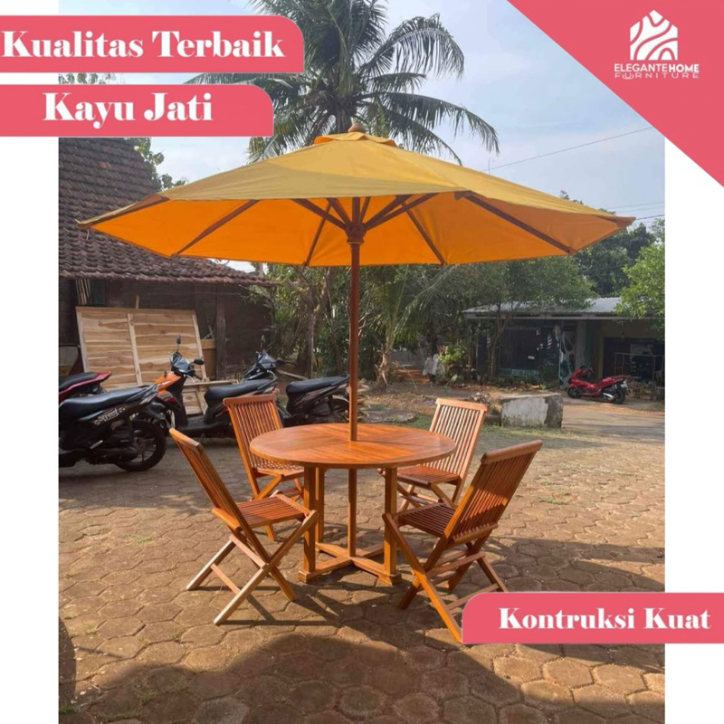 payung, payung kayu jati, payung cafe diameter 3meter, payung cafe, payung teras, set meja kursi pay