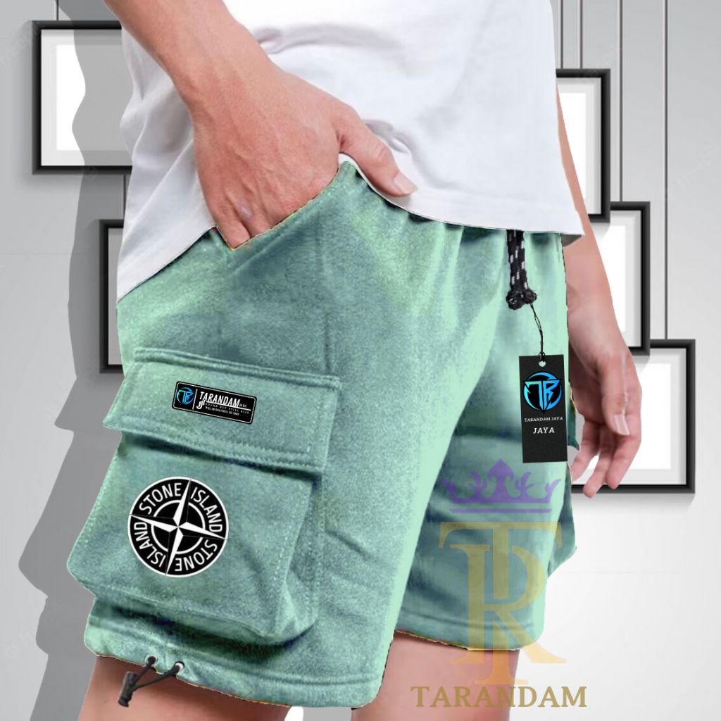 Celana Pendek Cargo Santai Bahan Fleece Tebal Warna Mint Motif Stone Island Terlaris Bandung