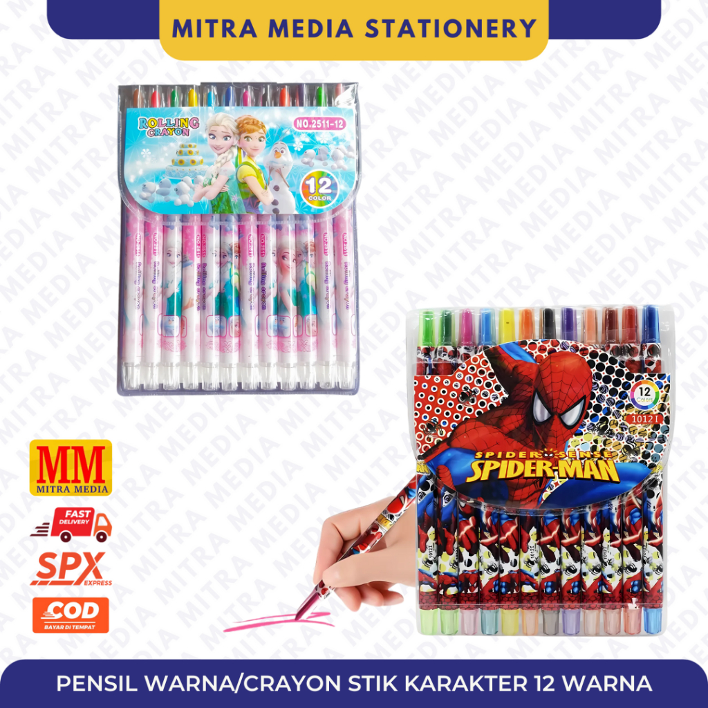 

Crayon Karakter / Frozen Elsa Anna / Spiderman / Krayon Putar 12 Warna Oil pastel Import
