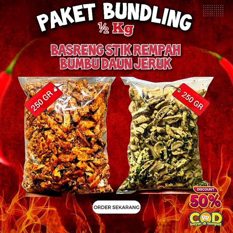 

Paket Bundling 500gr Basreng Stik Bumbu Daun Jeruk Baso Goreng Stik Pedas Manis Spesial Homemade