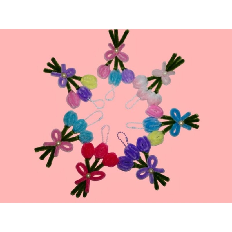 gantungan kunci buket mini tulip 3 kawat bulu, gantungan kunci kawat bulu, gantungan kunci bunga kaw