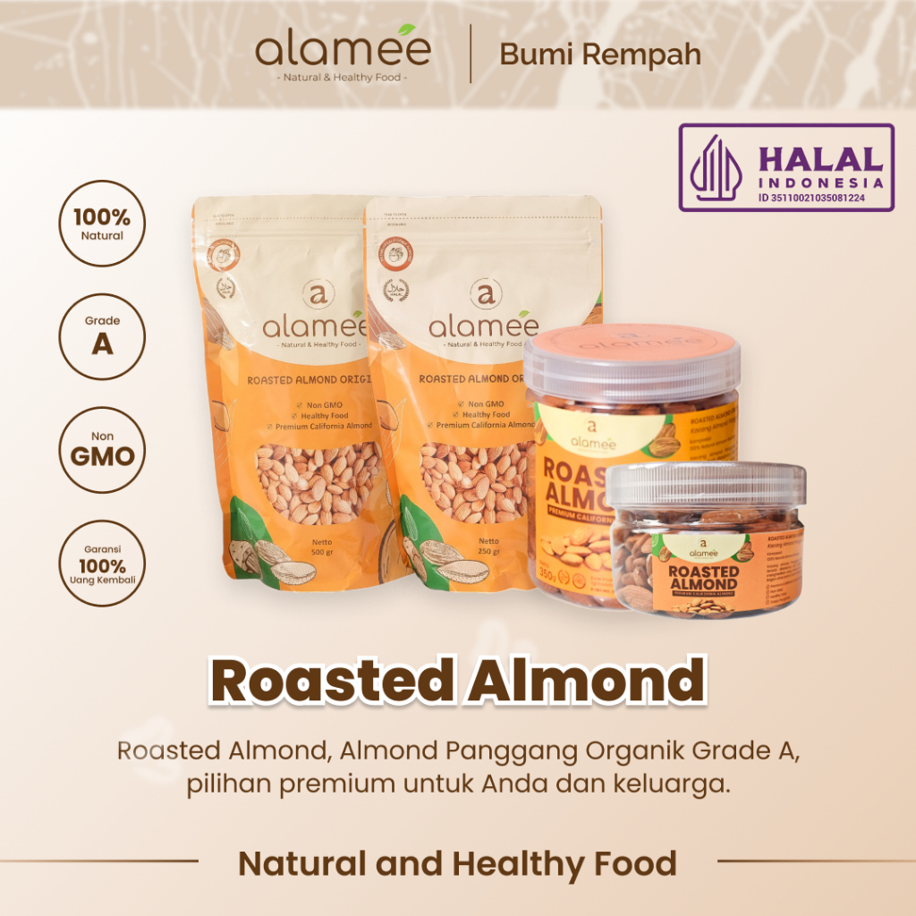 

ALAMEE Kacang Almond Almon Kupas Panggang Premium Roast Roasted Grade A California Oven Siap Makan