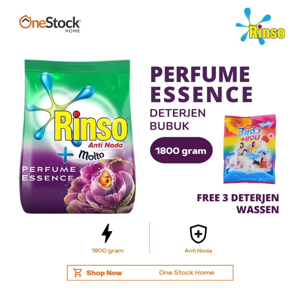 Rinso Perfume Essence Anti Noda 1800 gram (Free 3 Wassen Detergent 150 gram) | Detergent Bubuk Sabun