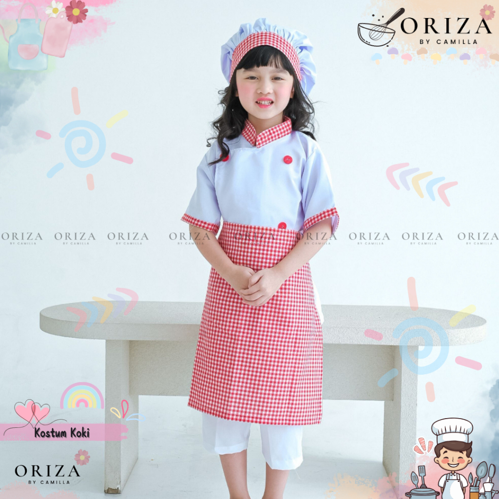 Baju Koki Untuk Anak/Set Baju Koki Celemek, Topi Koki, Apron Chef Katun
