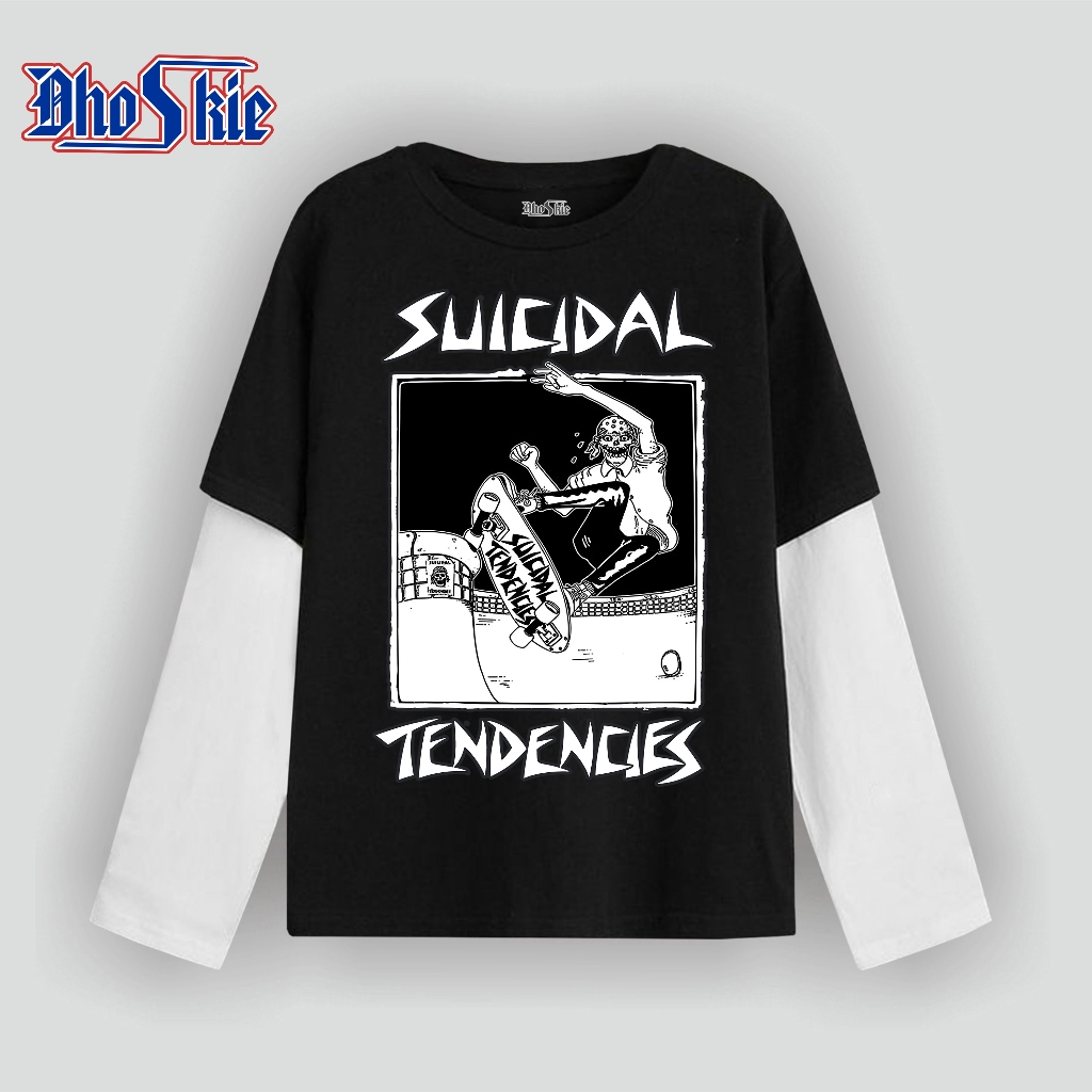 Dhoskie T-shirt Double Layer Long Sleeve Suic1dall Tendencies Hitam Putih Abu Biru 24 s Cotton Combe