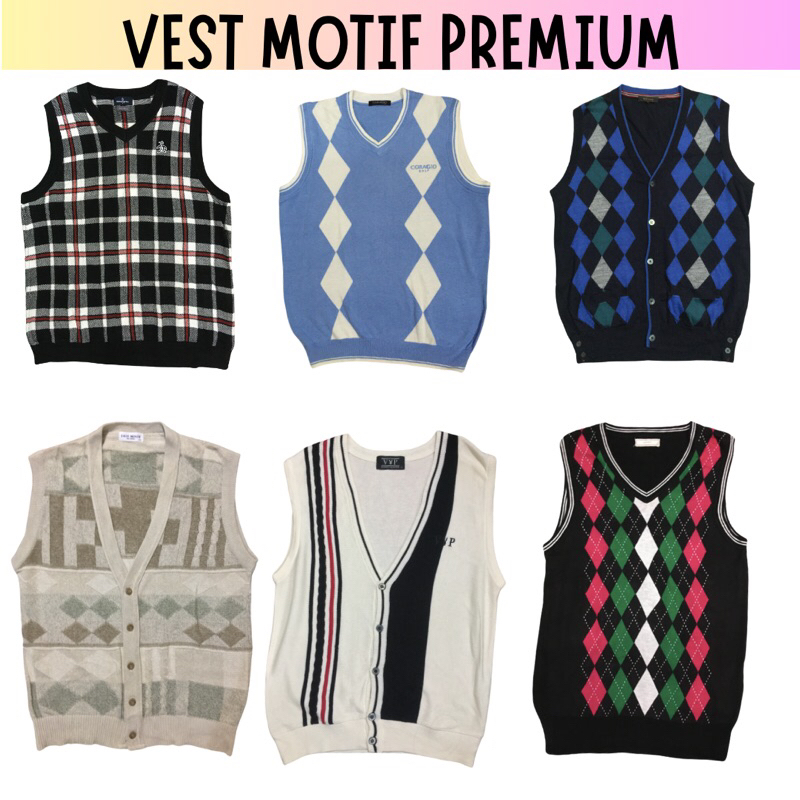 (COD & bebas admin) Vest Motif Premium Tartan Etnik Ketupat Argyle Kancing Saku Baby Blue