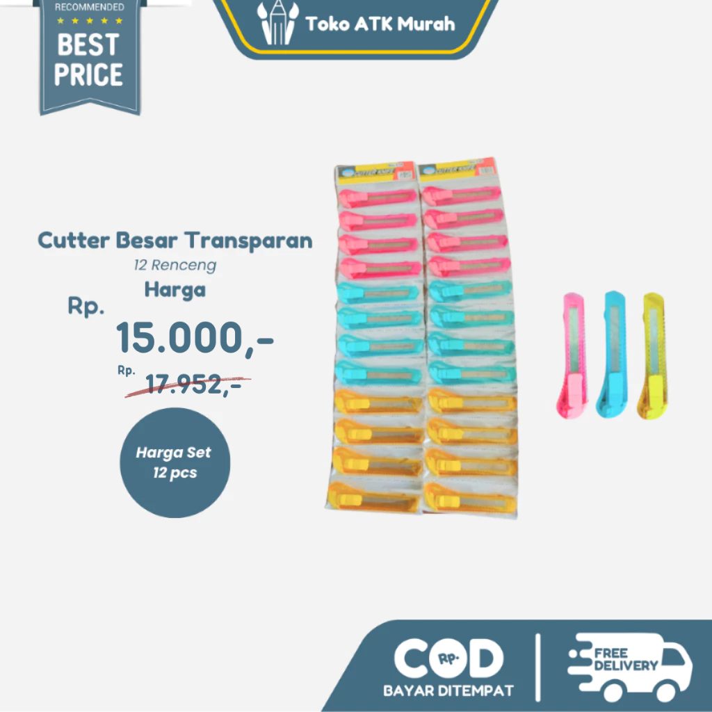 

12 PCS Cutter Besar Renceng Transparant Warna Warni / Alat Pemotong