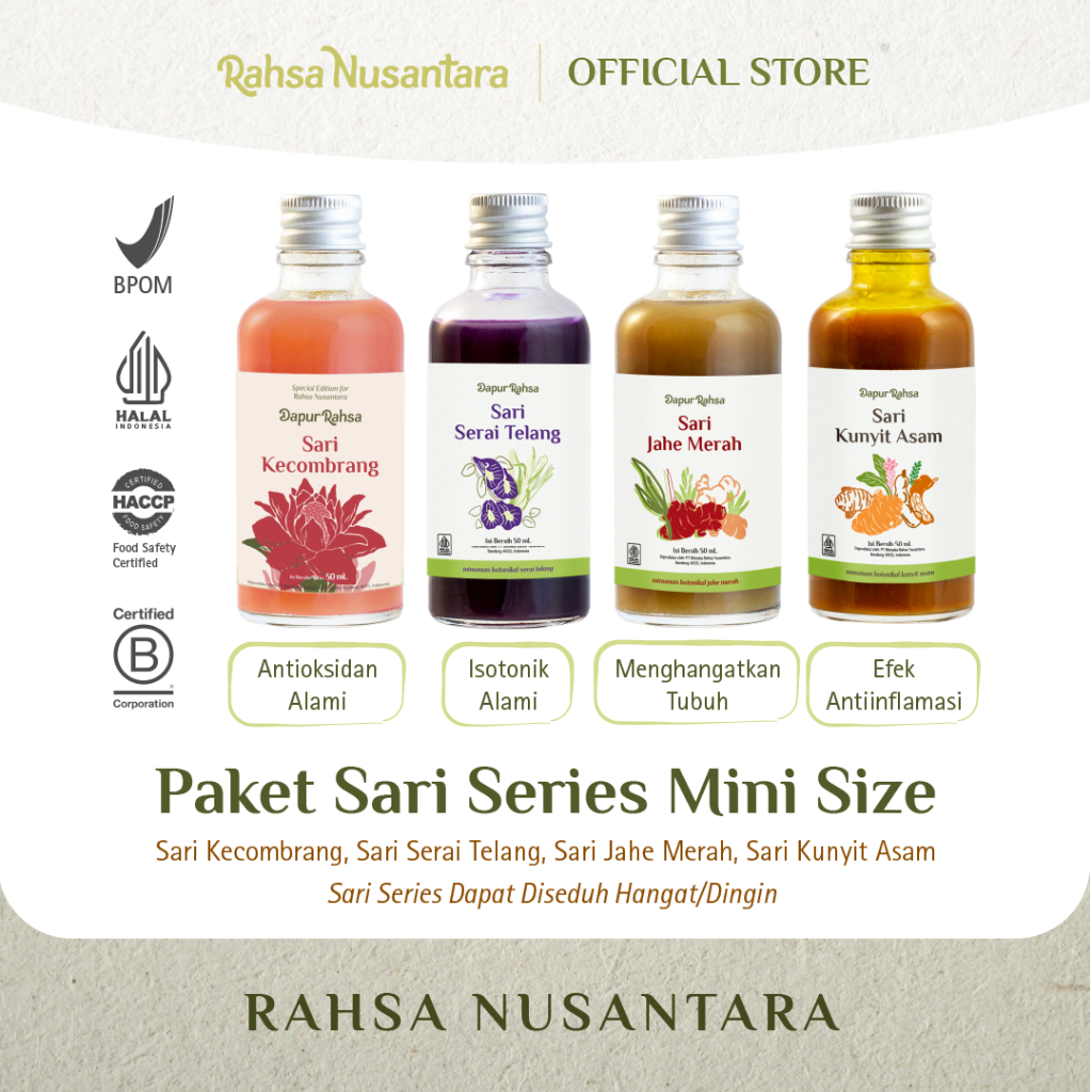 

Paket Lengkap Sari Series 50mL By Rahsa Nusantara | Sari Kecombrang, Sari Serai Telang, Sari Jahe Merah, Sari Kunyit Asam (Diseduh)