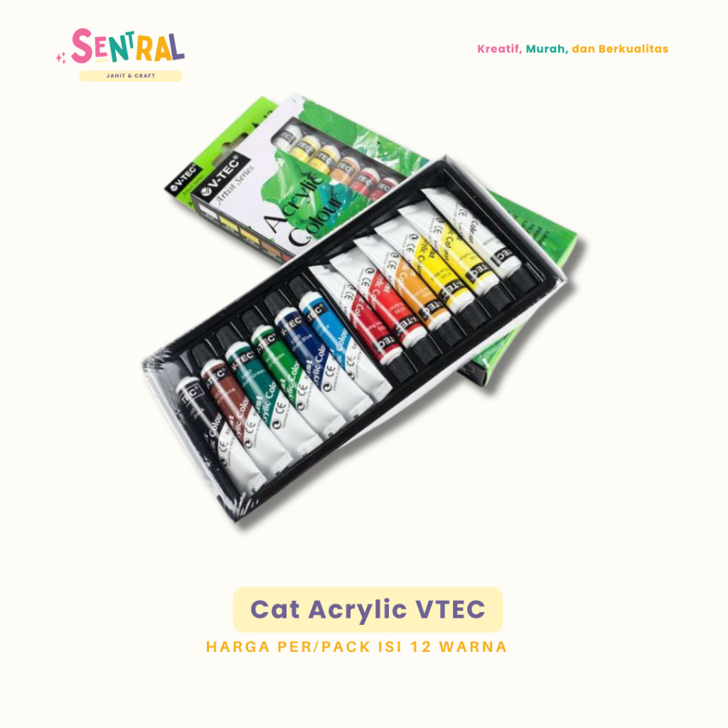 

[1 Pack] V-tec Cat Akrilik / Cat Acrylic Colour Paint Set Isi 12 Warna V-tec Lukis Kanvas