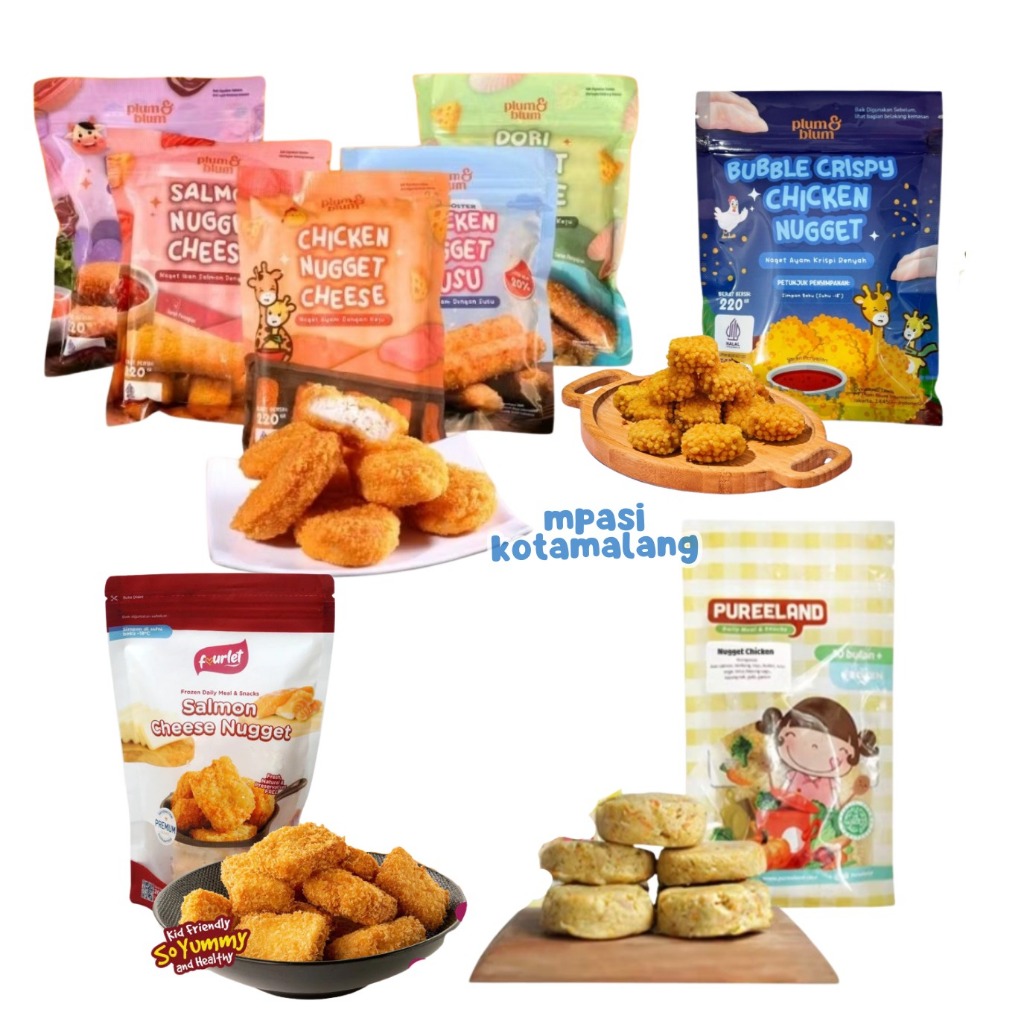 

PLUM&BLUM PUREELAND FOURLET FROZEN NUGGET CHICKEN BEEF SALMON DORI / NAGET AYAM SAPI IKAN / FINGER FOOD NUGGET NO MSG 12PCS