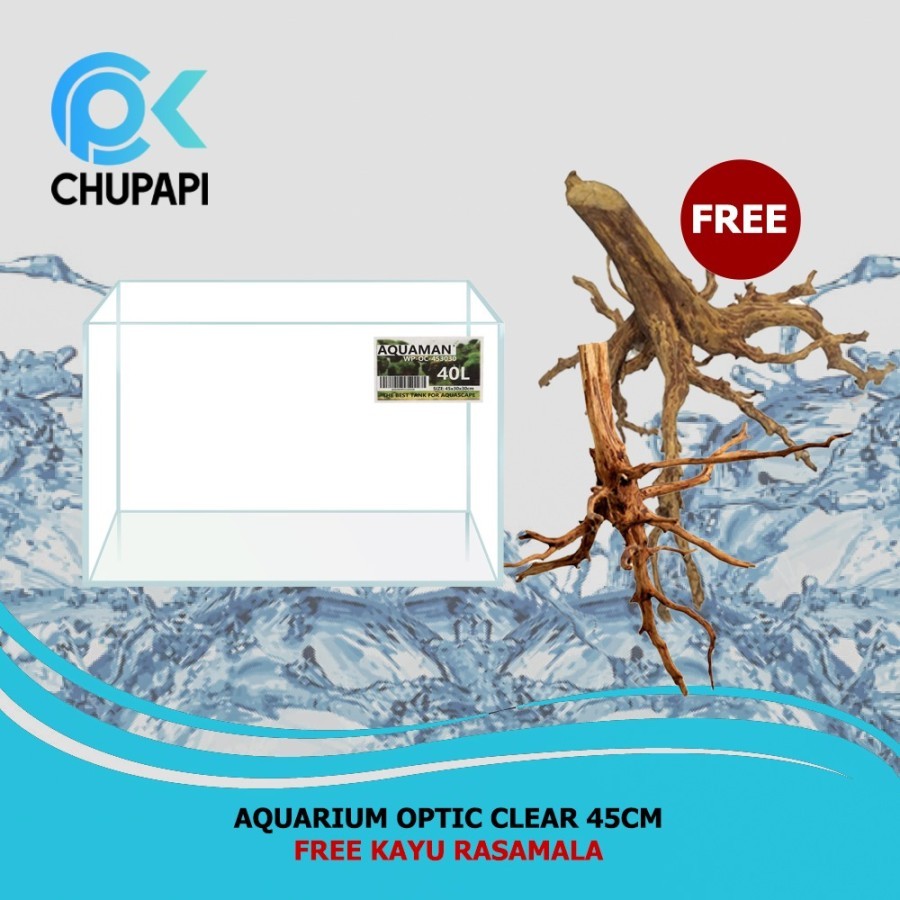 Aquarium Kaca Optic Clear 45cm GRATIS KAYU RASAMALA
