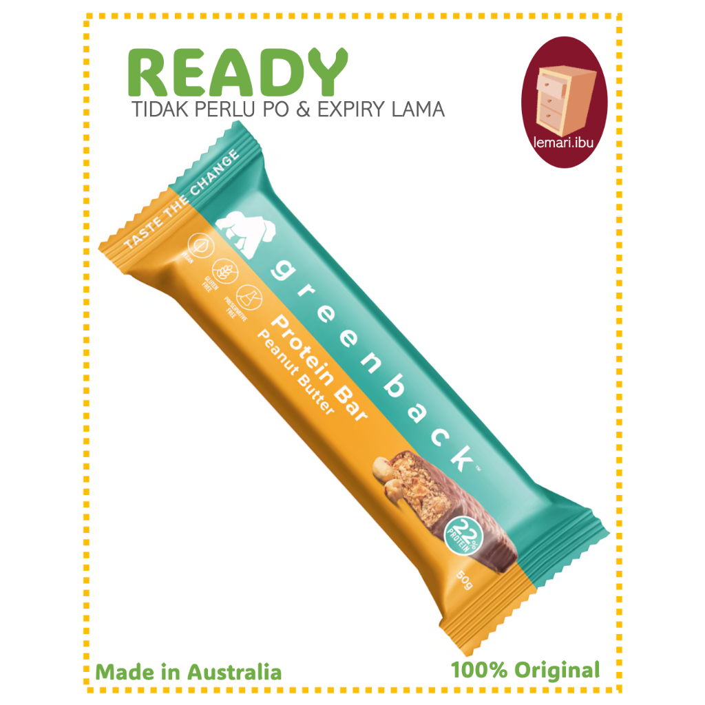 

GREENBACK Plant-Based Peanut Butter Protein Bar 50g - Protein Bar - 100% ORIGINAL - BARANG READY DIKIRIM - Made in Australia
