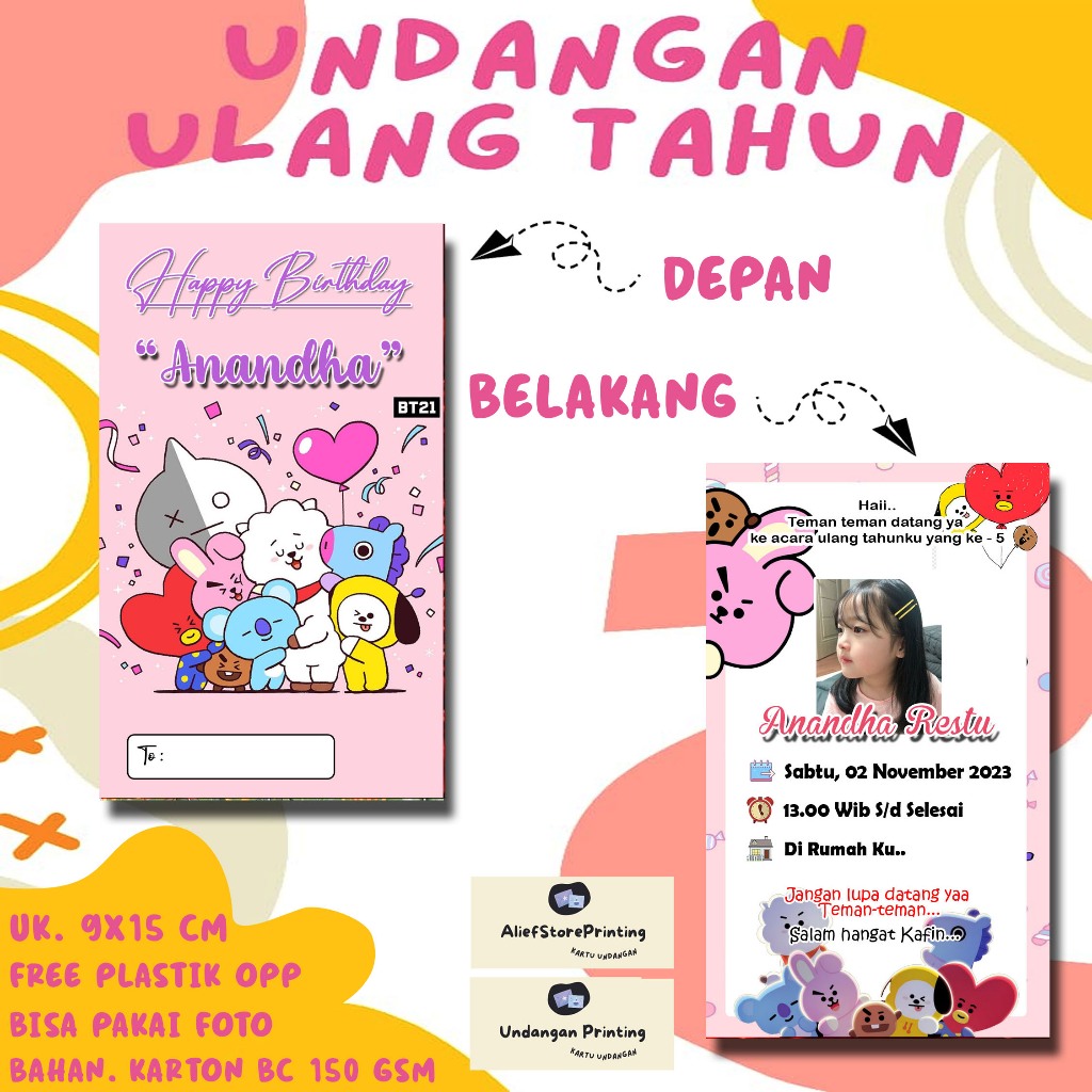 Undangan Karakter BT21  (30 PCS / 50 PCS) Undangan ulang tahun