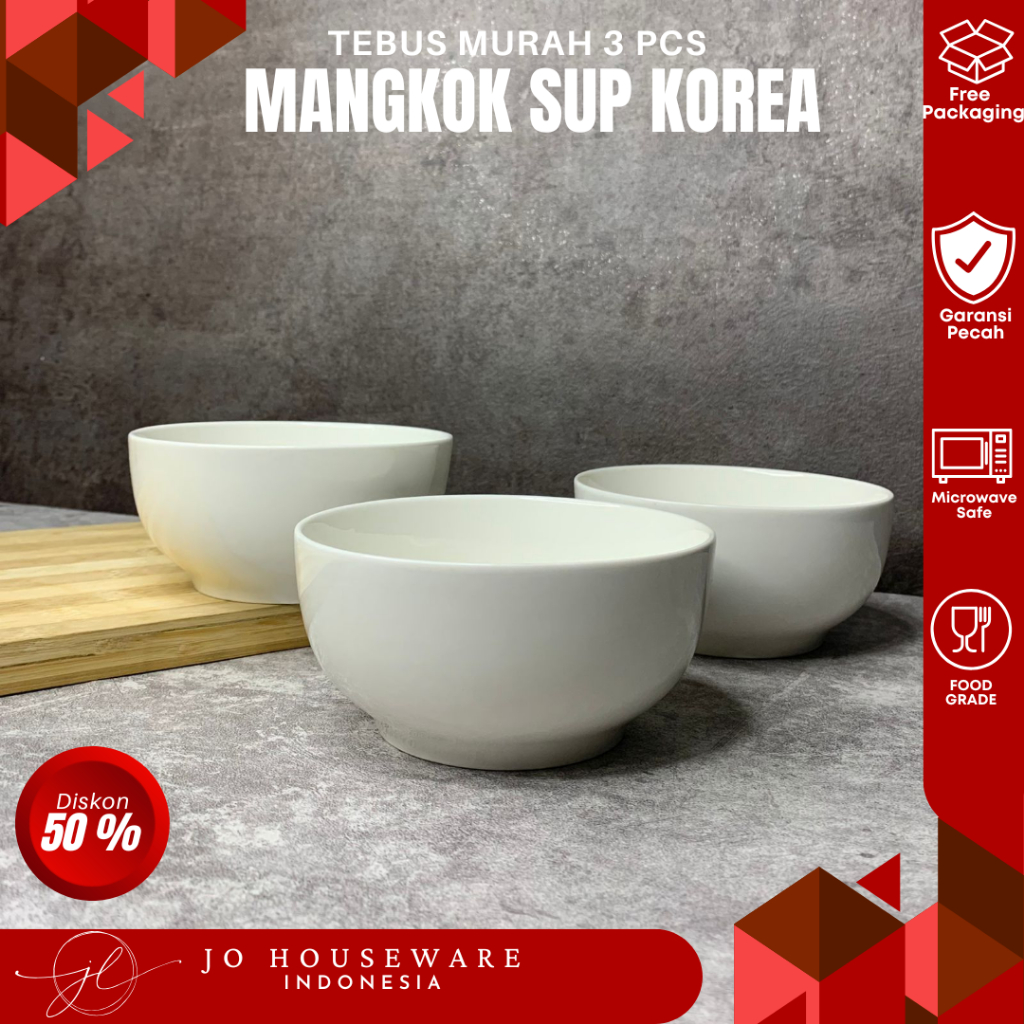 TEBUS MURAH 3 PCS Mangkok sup korea keramik premium putih polos diameter 13cm hotelware serbaguna JH