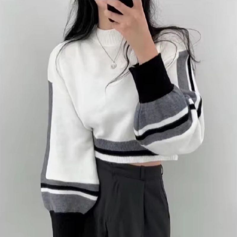 Sweater Wanita Dewasa Cewek Korean Style Baju Atasan Crop Top Rajut Tangan Panjang Model Balon