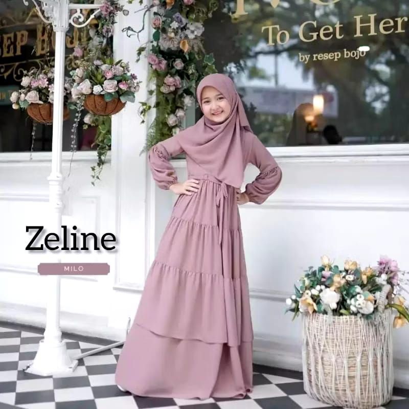 Gamis Set Hijab Anak Perempuan  Zeline Umur 6 Sampai 14 Tahun Syar'i Kids Ceruty Babydol Baju Muslim