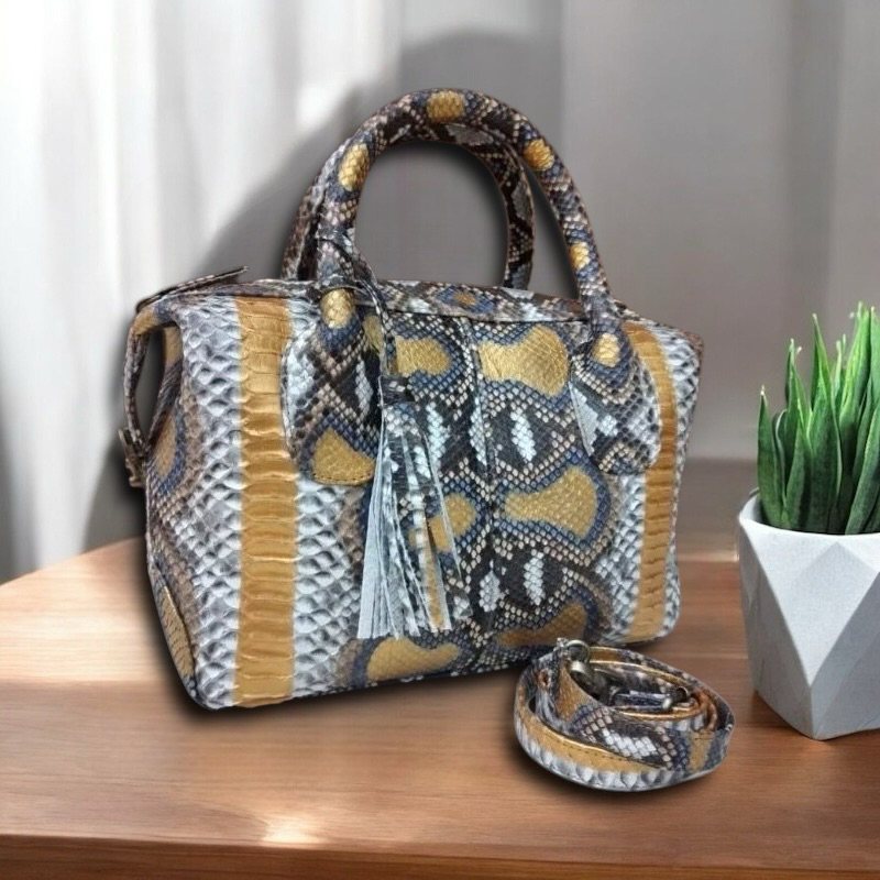 Tas Kulit Ular Piton Asli Wanita Tas Natalie Kulit Asli Original Motif Multi Emas Gold