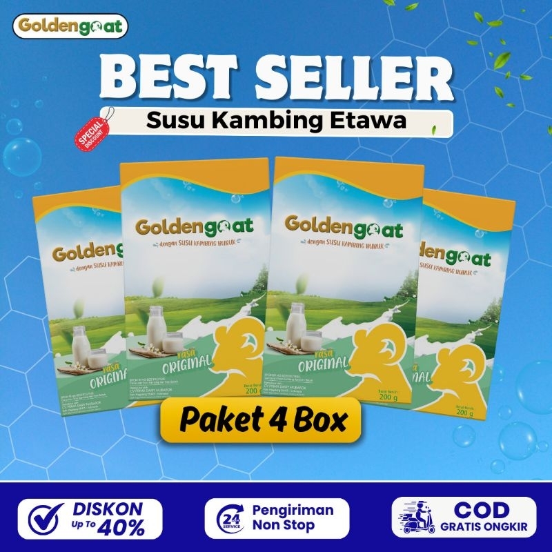 

PROMO 4 BOX GOLDENGOAT SUSU KAMBING ETAWA BUBUK ORIGINAL MURAH ATASI NYERI SENDI LUTUT TULANG ASAM URAT SESAK NAFAS ASMA PARU PARU BATUK MENAHUN