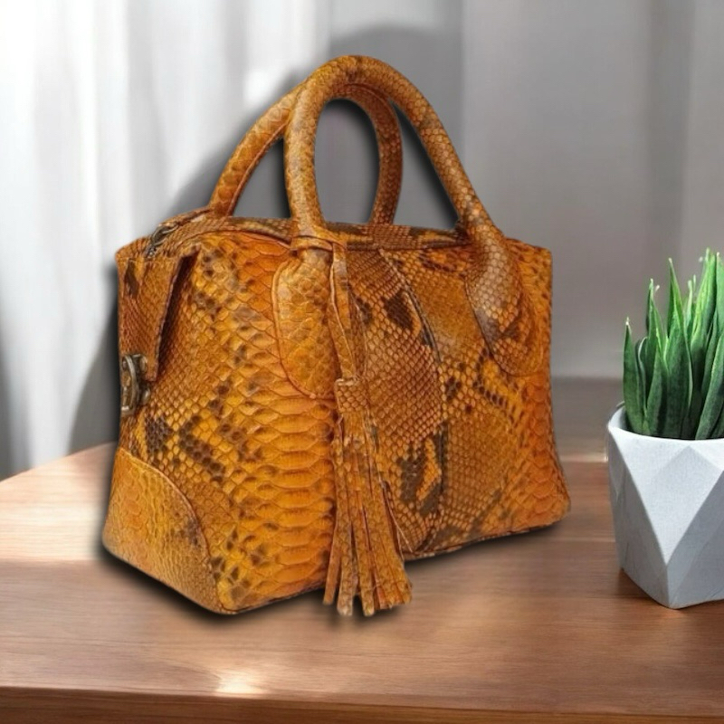 Tas Kulit Ular Piton Asli Wanita Tas Natalie Kulit Asli Original Motif Coklat Tan