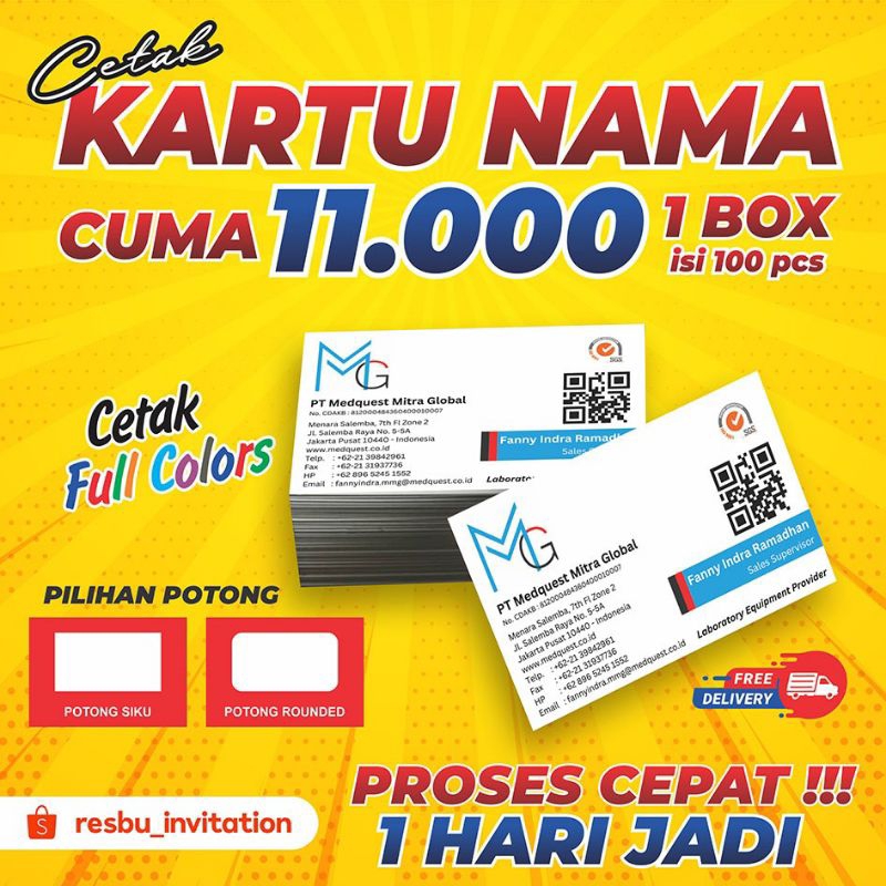 

Cetak Kartu Nama 1 Sisi / 2 sisi TERMURAH Sehari Jadi