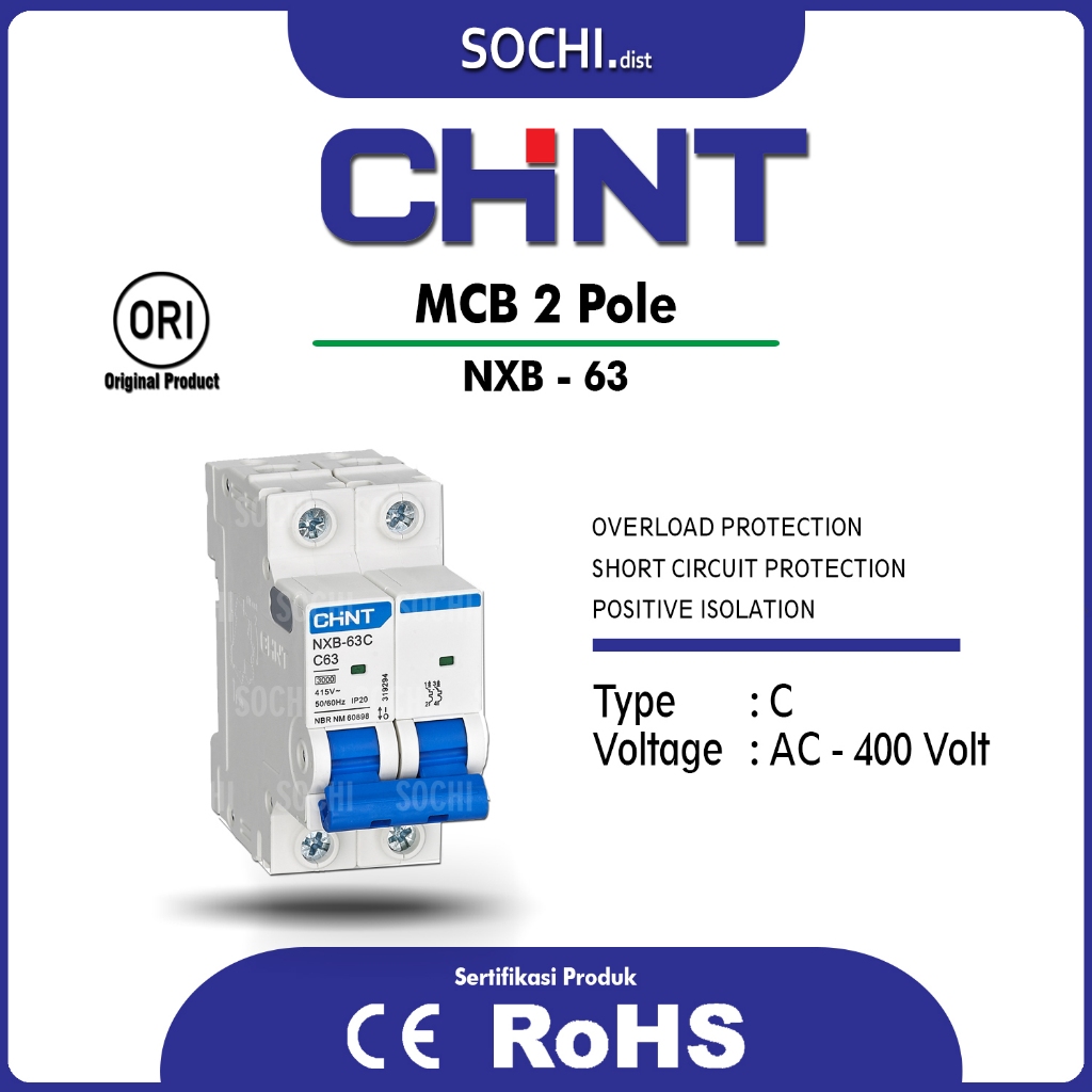 MCB CHINT NXB-63  - 2P / 2 Pole AC - 400V - CE ROHS