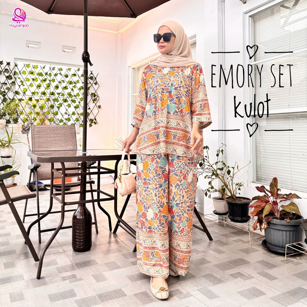 Emory Setelan Celana Kulot Jumbo Rayon Motif Baju Dewasa Wanita OneSet Adem Busui Friendly Yayuku