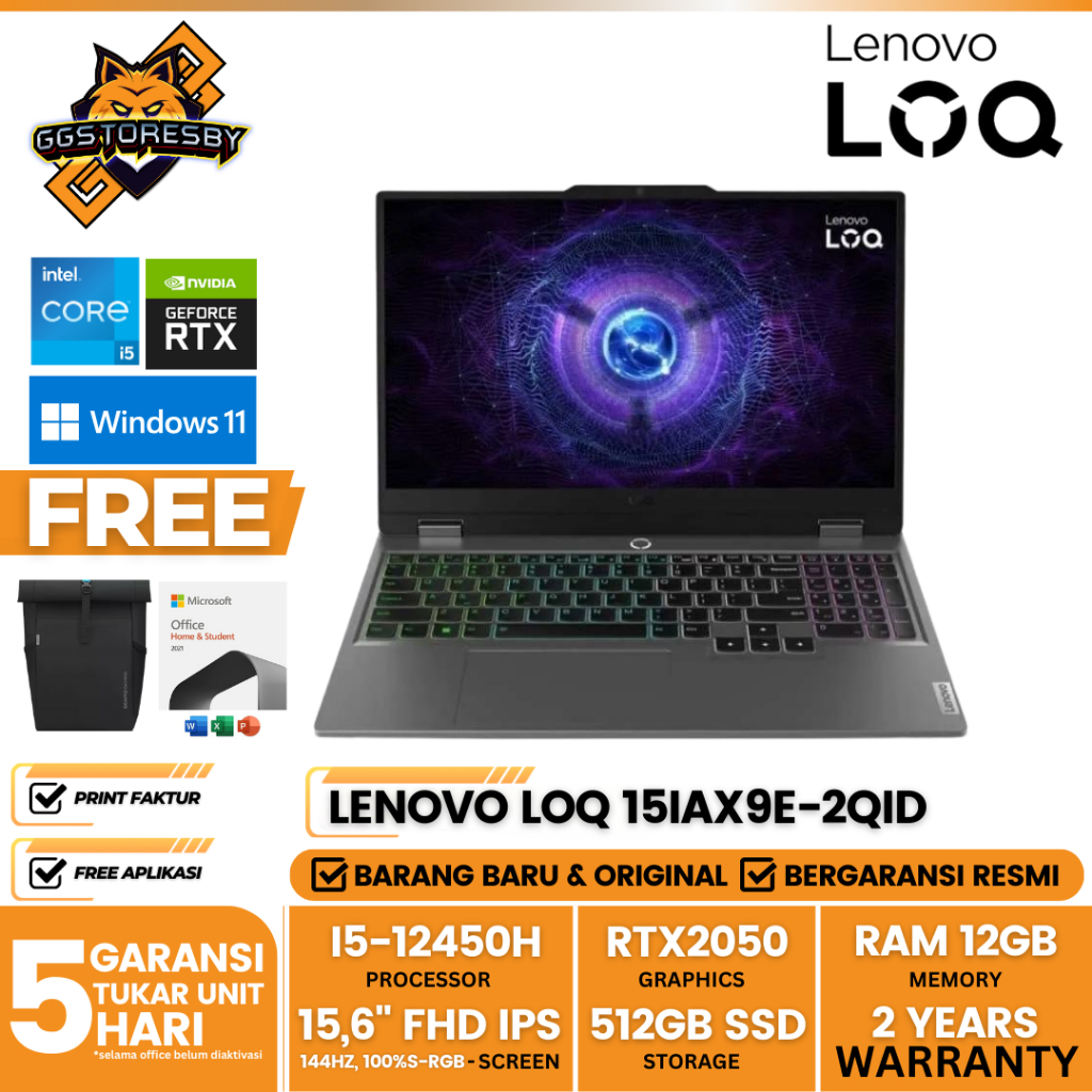 LAPTOP LENOVO LOQ 15IAX9E-2QID I5-12450HX 12/512GB RTX2050 W11+OHS