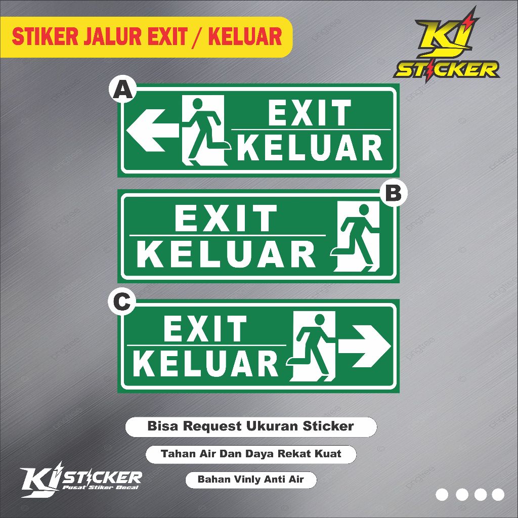 

Promo Stiker Vinyl Anti Air Jalur Evakuasi Exit / Keluar Kanan Kiri / Stiker Keluar