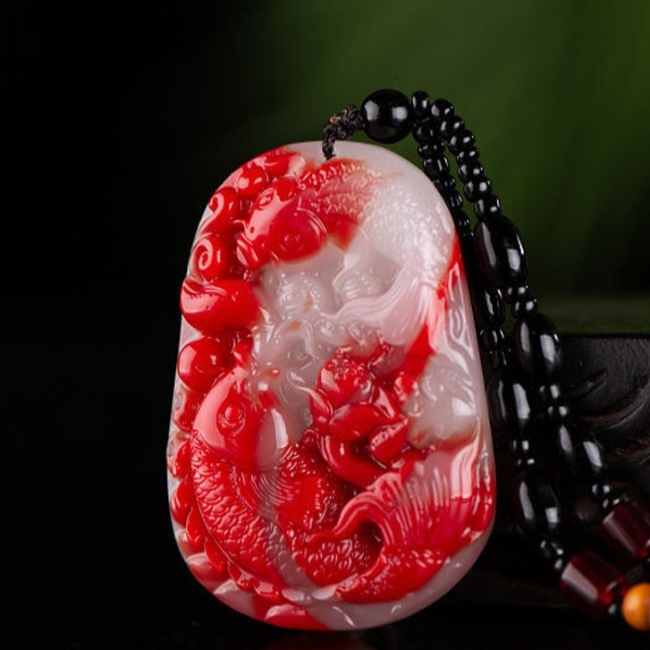Liontin Ikan Koi Giok Batu Merah Putih - Red White Pisces Synthetic Jade Simple Pendant Necklace Imp