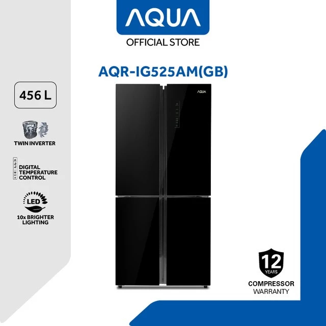 AQUA Kulkas 4 Pintu - 4 Door 456L - Glass door Black - Inverter - Dry & Wet Compartment : Tipe = AQR