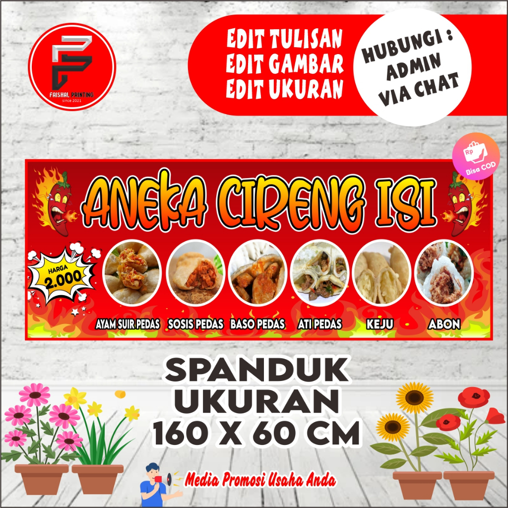 Spanduk Aneka Cireng Isi / Banner Jajanan Cireng Isi / Spanduk Jajanan Ukuran 160 x 60 cm, BIsa COD