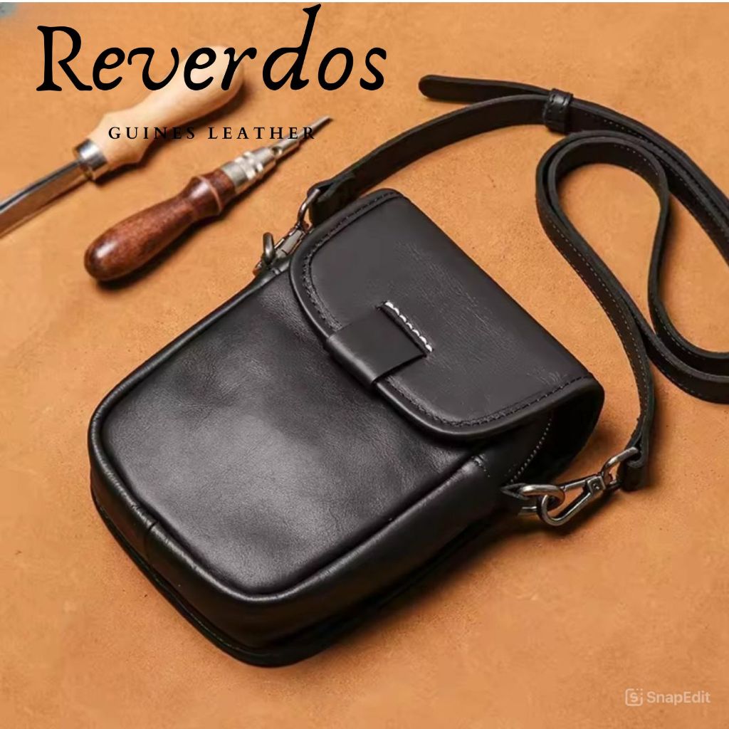 Tas Selempang Hitam Mini Desain Mewah Pria - Tas Ponsel Kecil Kulit Asli - Tas Kasual Pria Kulit Asl