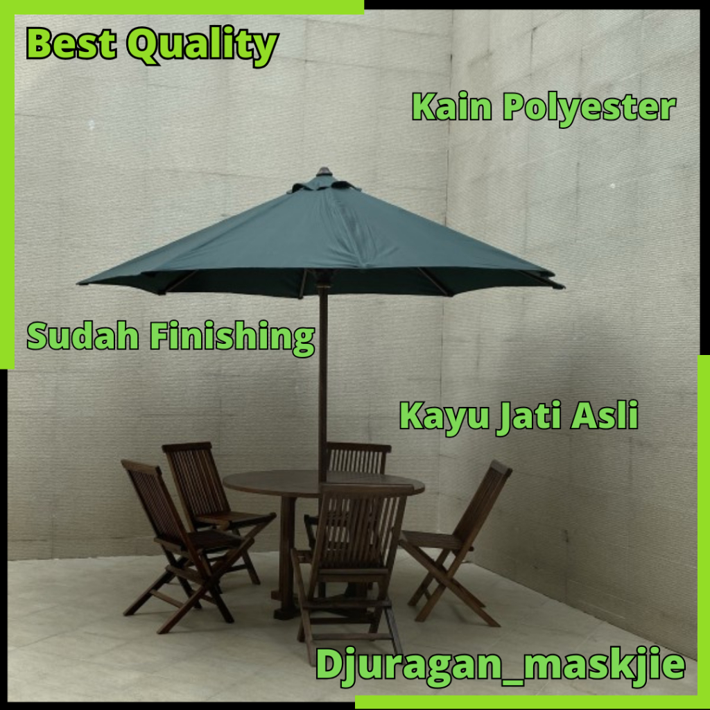Set Meja Payung Taman cafe Outdoor Tenda Payung Cafe Kayu Jati 4 Kursi Lipat Jati