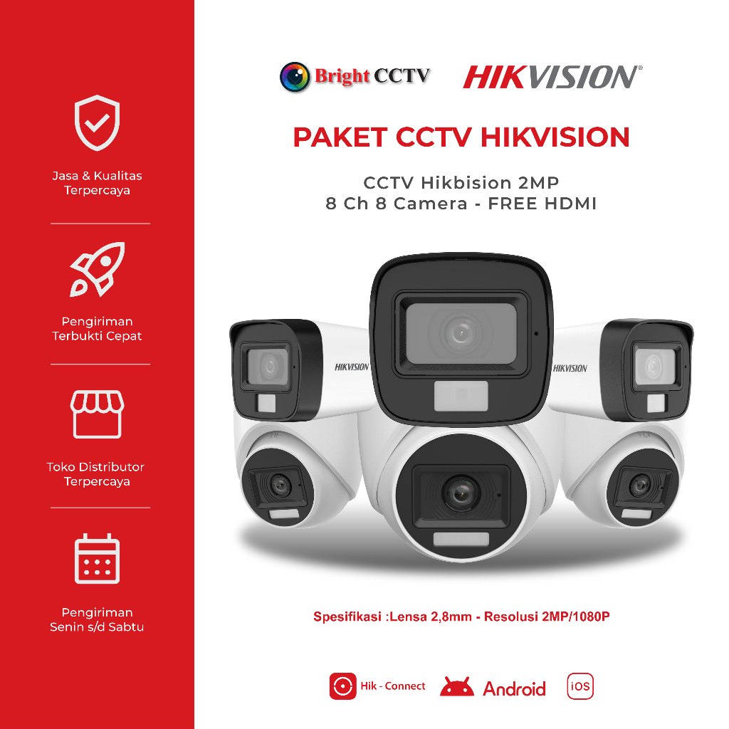 Paket CCTV Hikvision 2MP 8Ch 8 Camera Fullset Hikvision 1080P