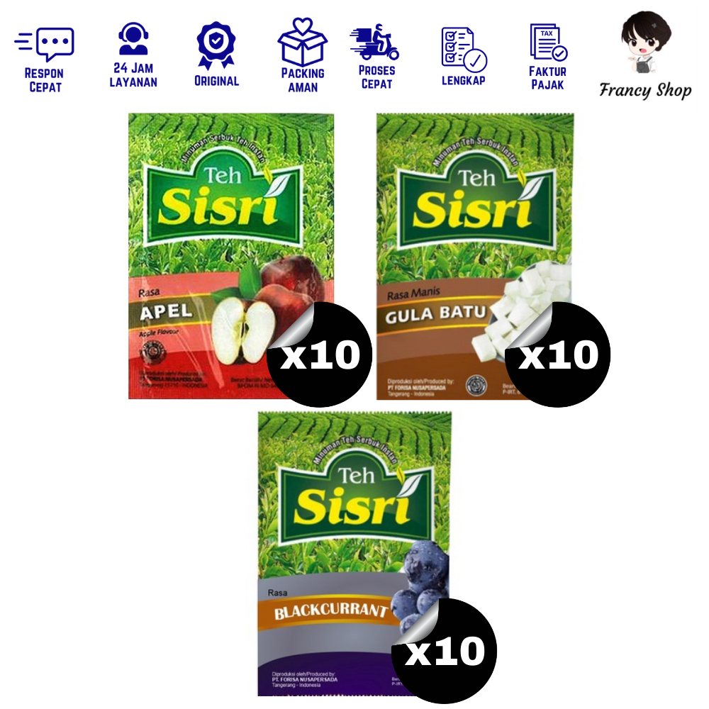 

Paket Renceng Murah Teh Sisri Apple/Gula Batu/Blackcurrant Minuman Serbuk 8 gr x10 pcs