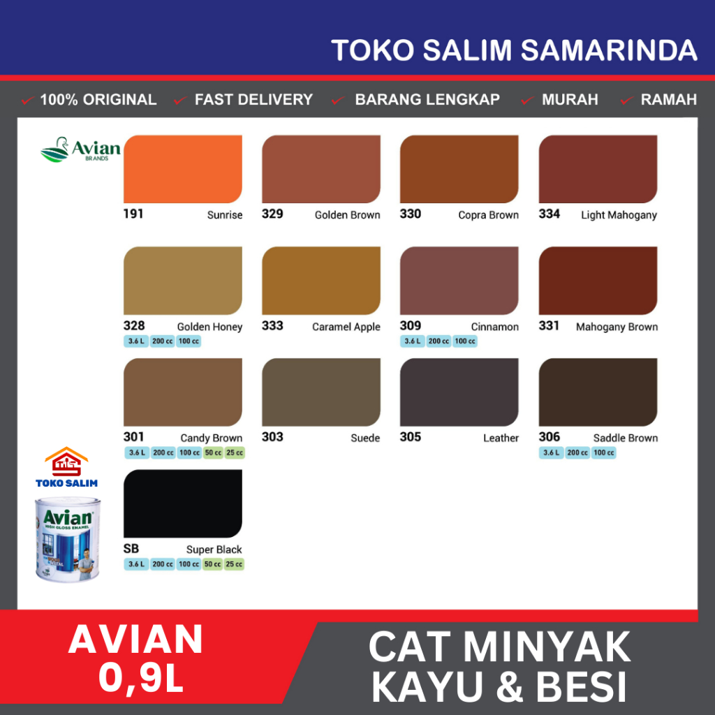 Cat Minyak Kayu dan Besi 0,9L 1KG AVIAN Warna Lengkap ( OREN ORANGE / COKLAT / HITAM) 191 / 329 / 33