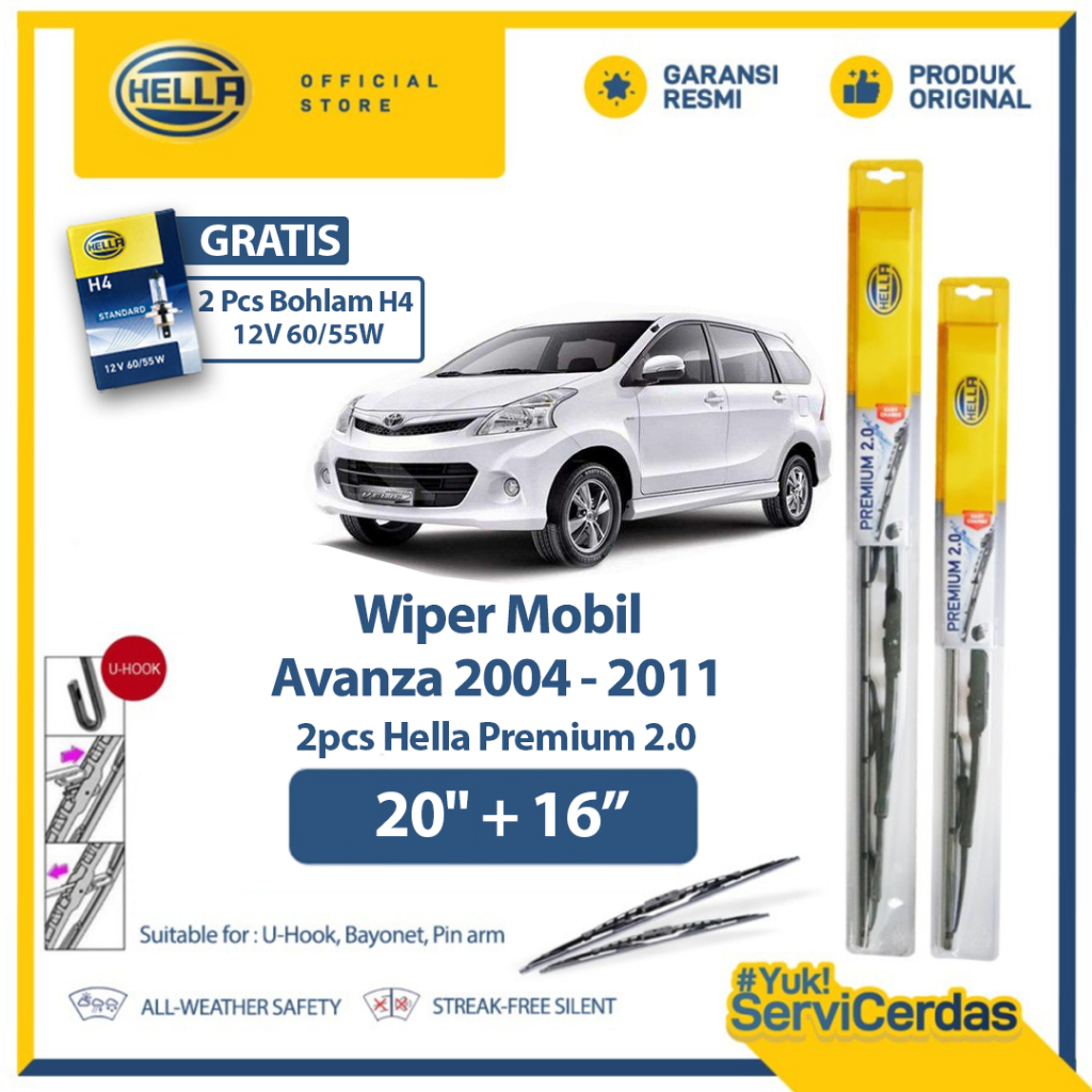 Wiper Mobil HELLA Premium 2.0 TOYOTA Avanza (2004-2011) 20”+16”(2pcs) - Gratis Bohlam Mobil H4 12V 6