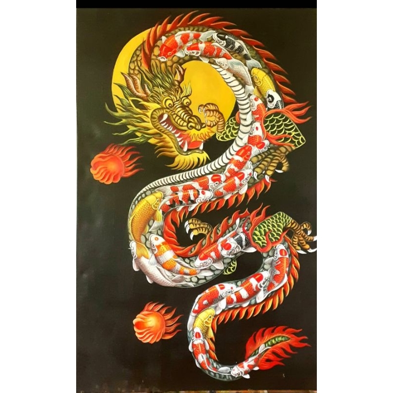 lukisan ikan koi fengsui berbentuk naga akrilik on kanvas ukuran 135x85cm plus bingkai atau frem