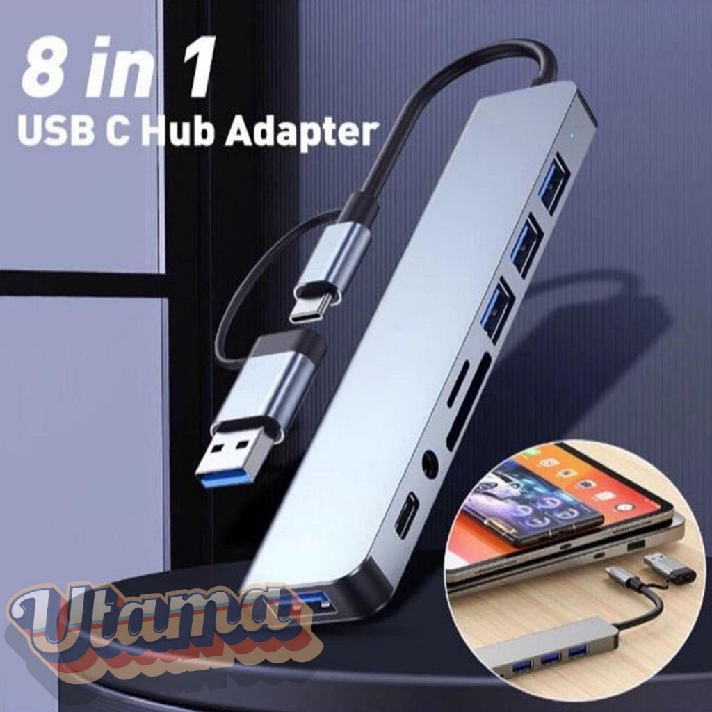 8 IN 1 Converter Type-C Usb 3.0 Ke 8 Port Usb 2.0 Tipe-C Audio SD TF Pembagi Dok Station Ekspansi Pe