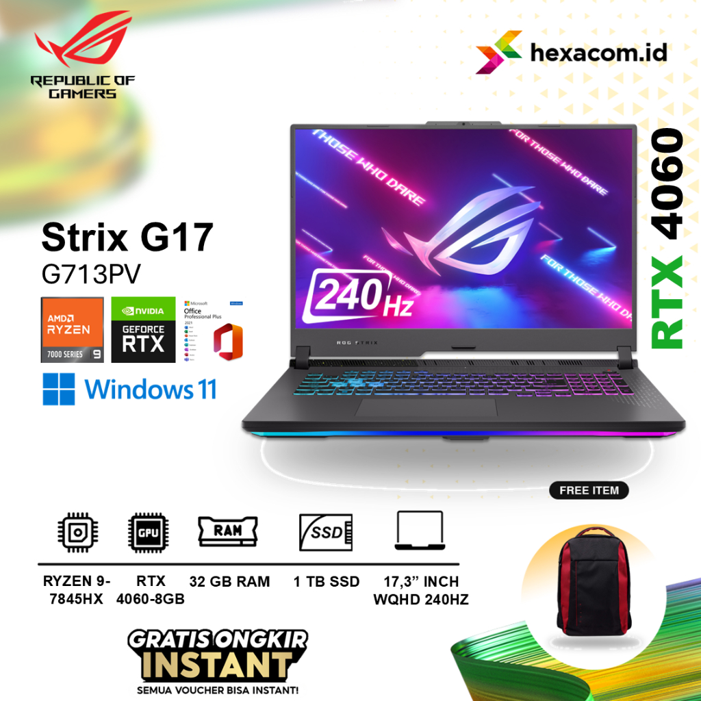 Laptop Asus ROG Strix G17 G713PV Ryzen 9-7845HX RTX 4060 RAM 32GB 1TB 17.3" WQHD 240HZ