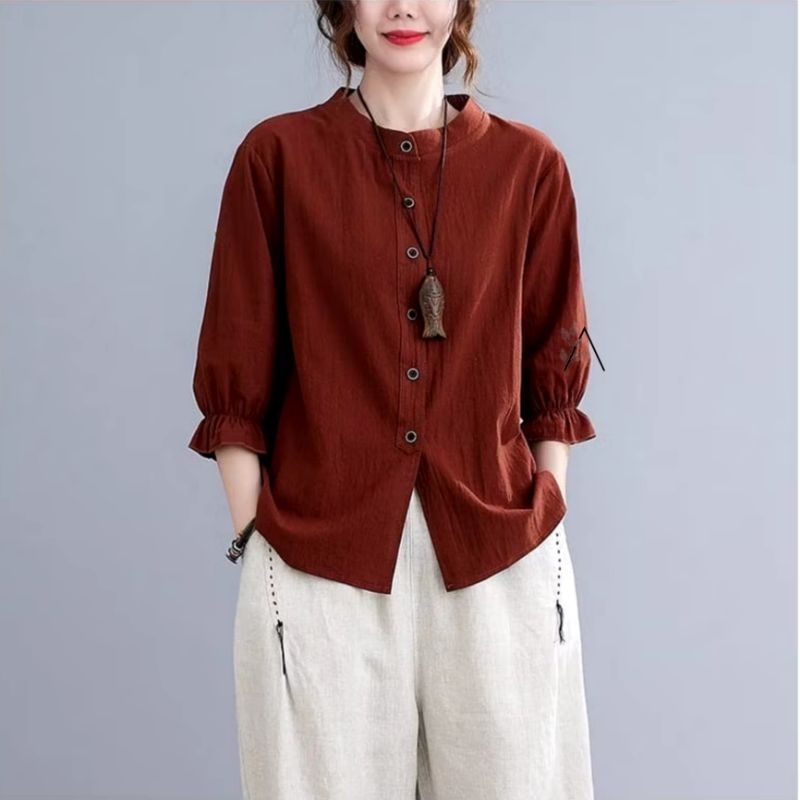 Blouse Wanita Jumbo Bahan Katun Linen Polos Kerah Shanghai Lengan 3/4 Meyla Blus Atasan Wanita Jumbo