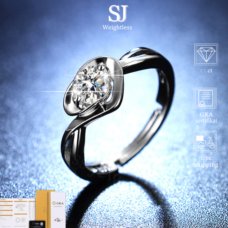 Cincin Moissanite Wanita Asli Bersertifikat GRA Cincin Cewek Hadiah Nikah Kawin Perak Lapis Anti