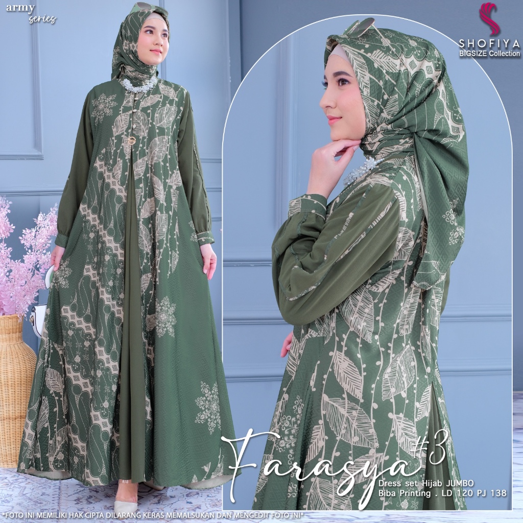 Farasya3 dress gamis set hijab wanita ibu ibu jumbo ld 120 biba printing model baru terbaru lebaran