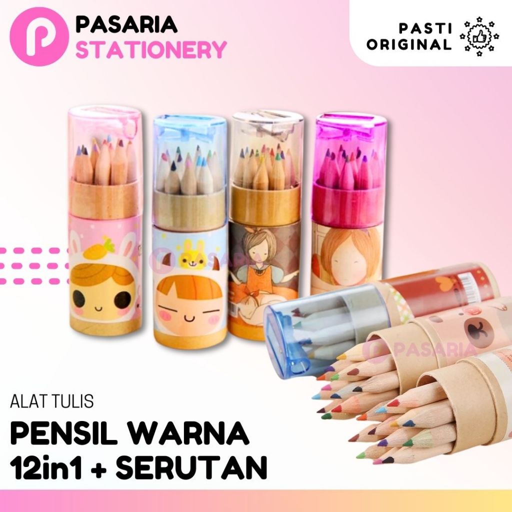 

Pensil Warna Warni 12in1 Tabung dengan Serutan/Rautan 12 Warna Mini
